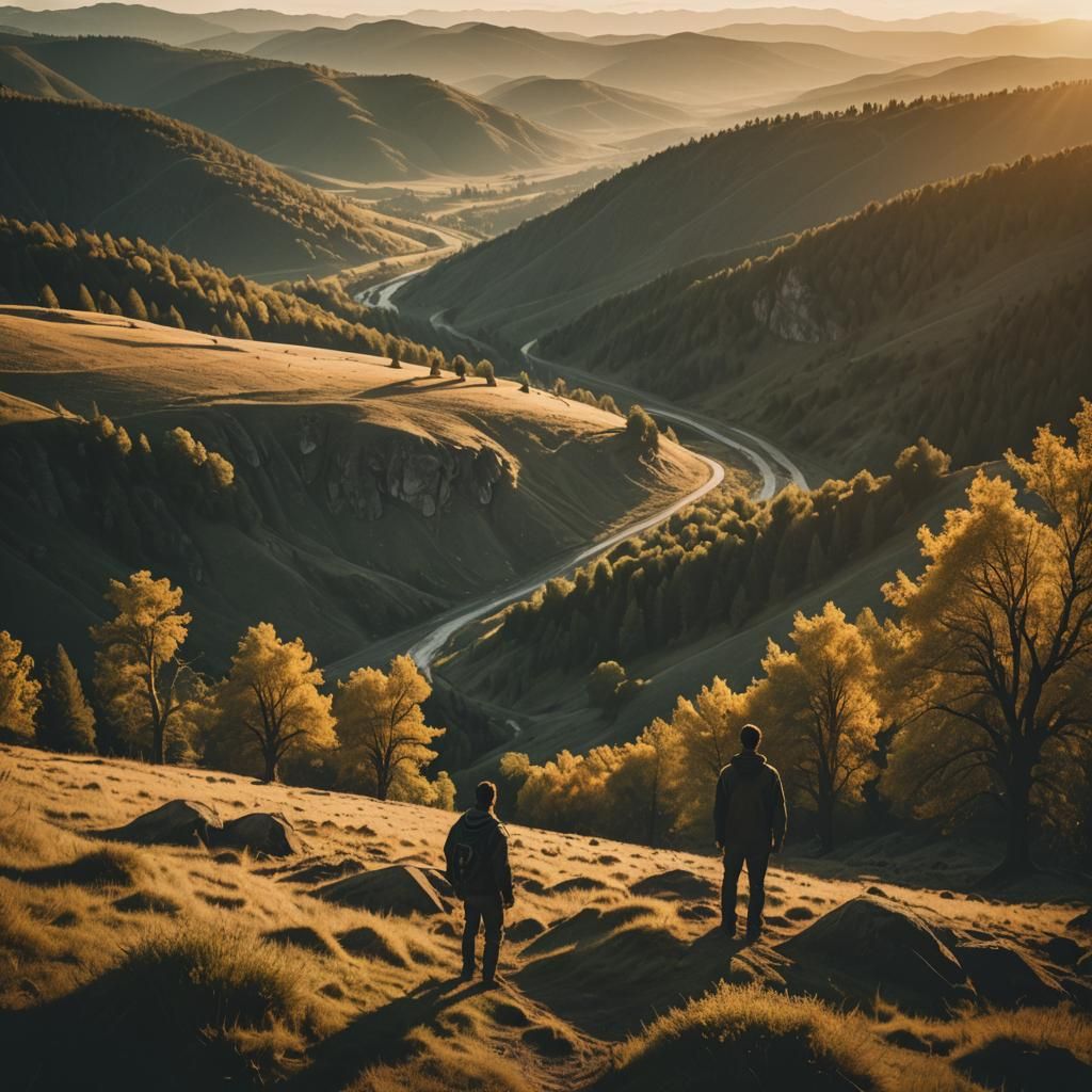 Vast valley with people on a hill