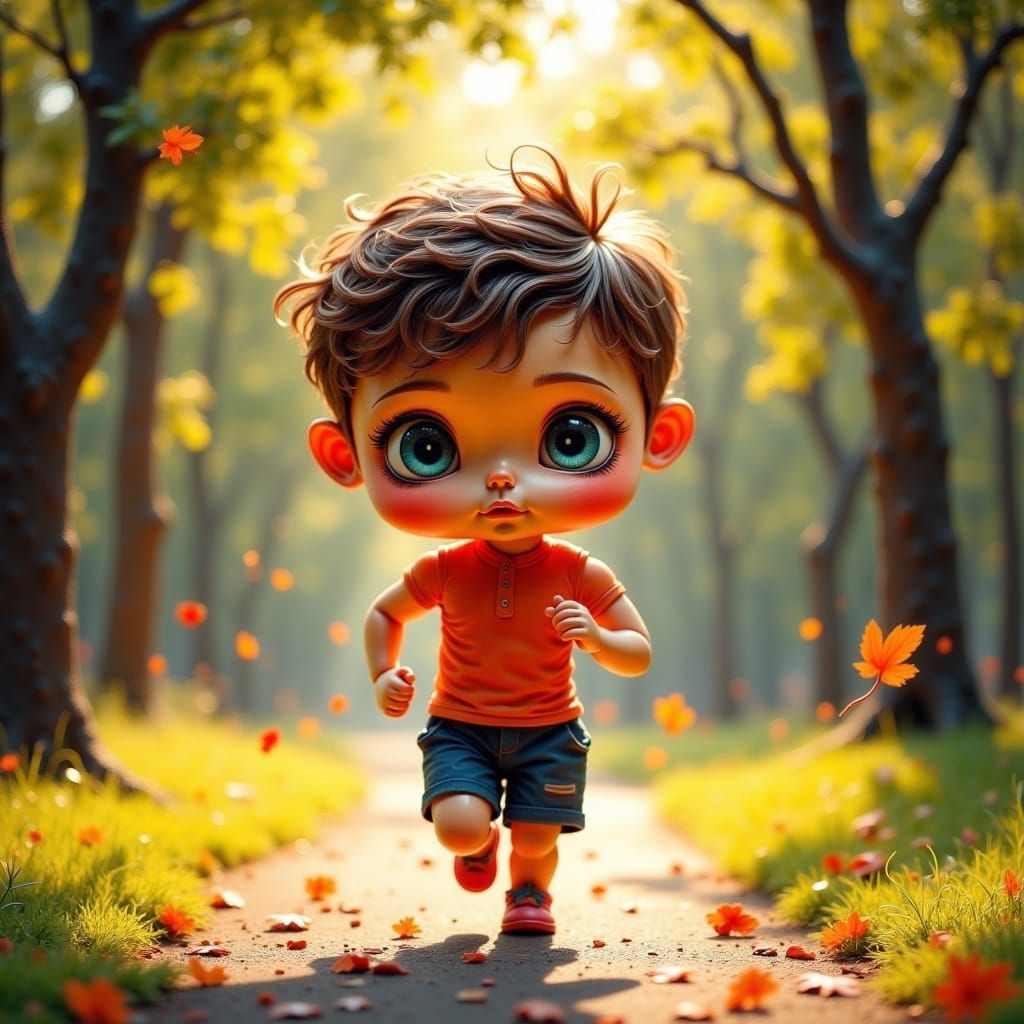  <lora:chibi-eyed doll:1.0> fitness guy running in park, hot summers day. cute chibi-eyed doll.