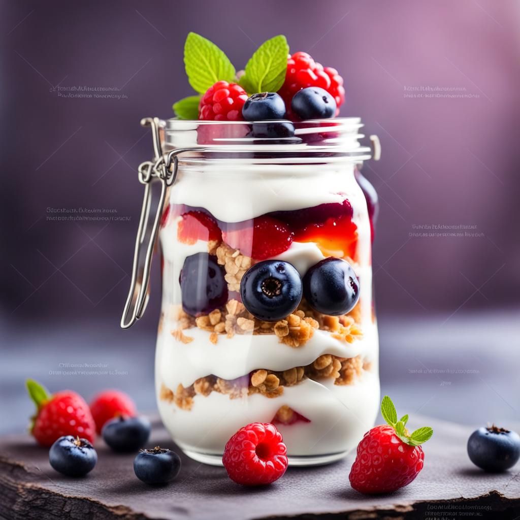 Parfait with yogurt, granola, jam and fresh berries in the g...