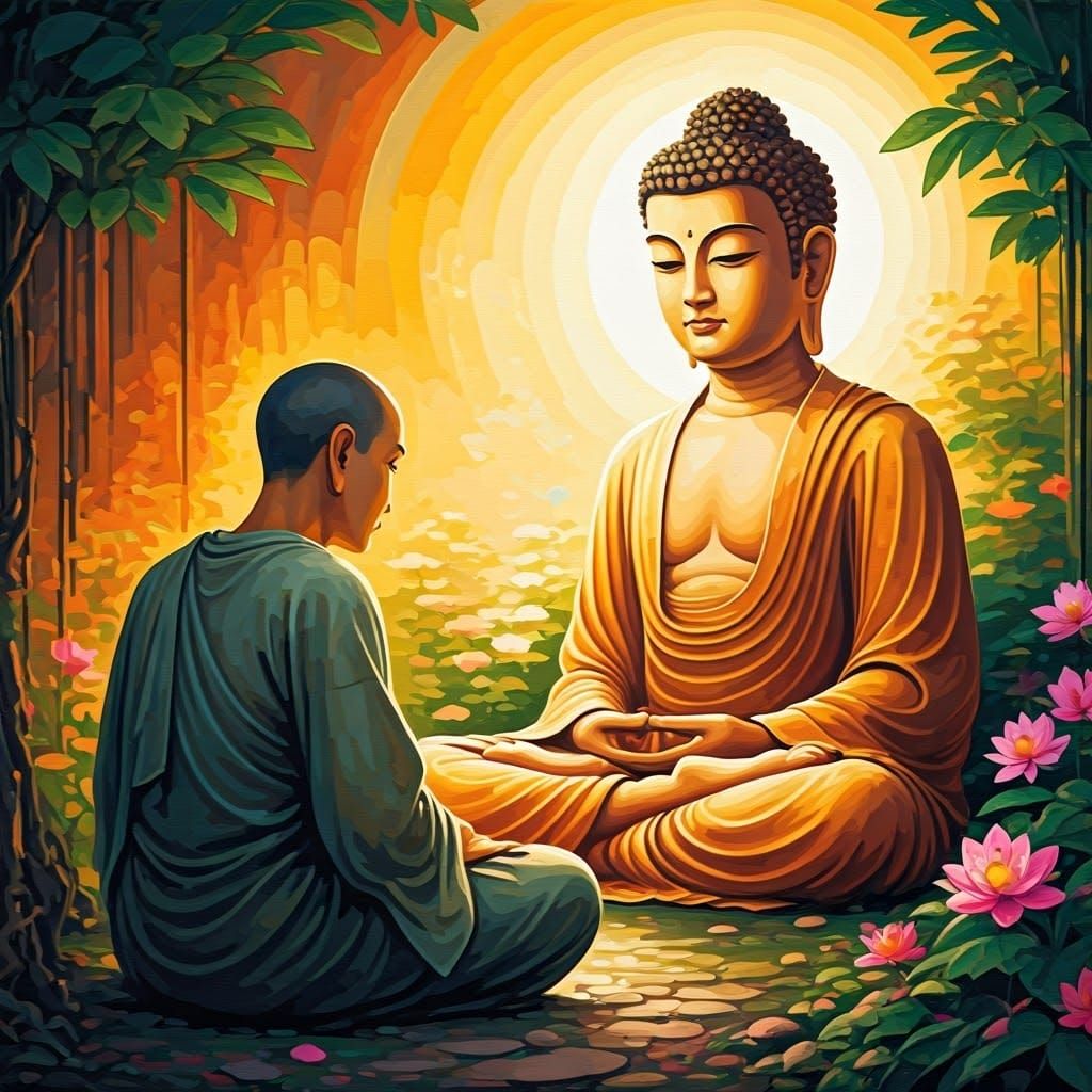 Subhuti and Buddha in Tranquil Landscape as Expressive Art