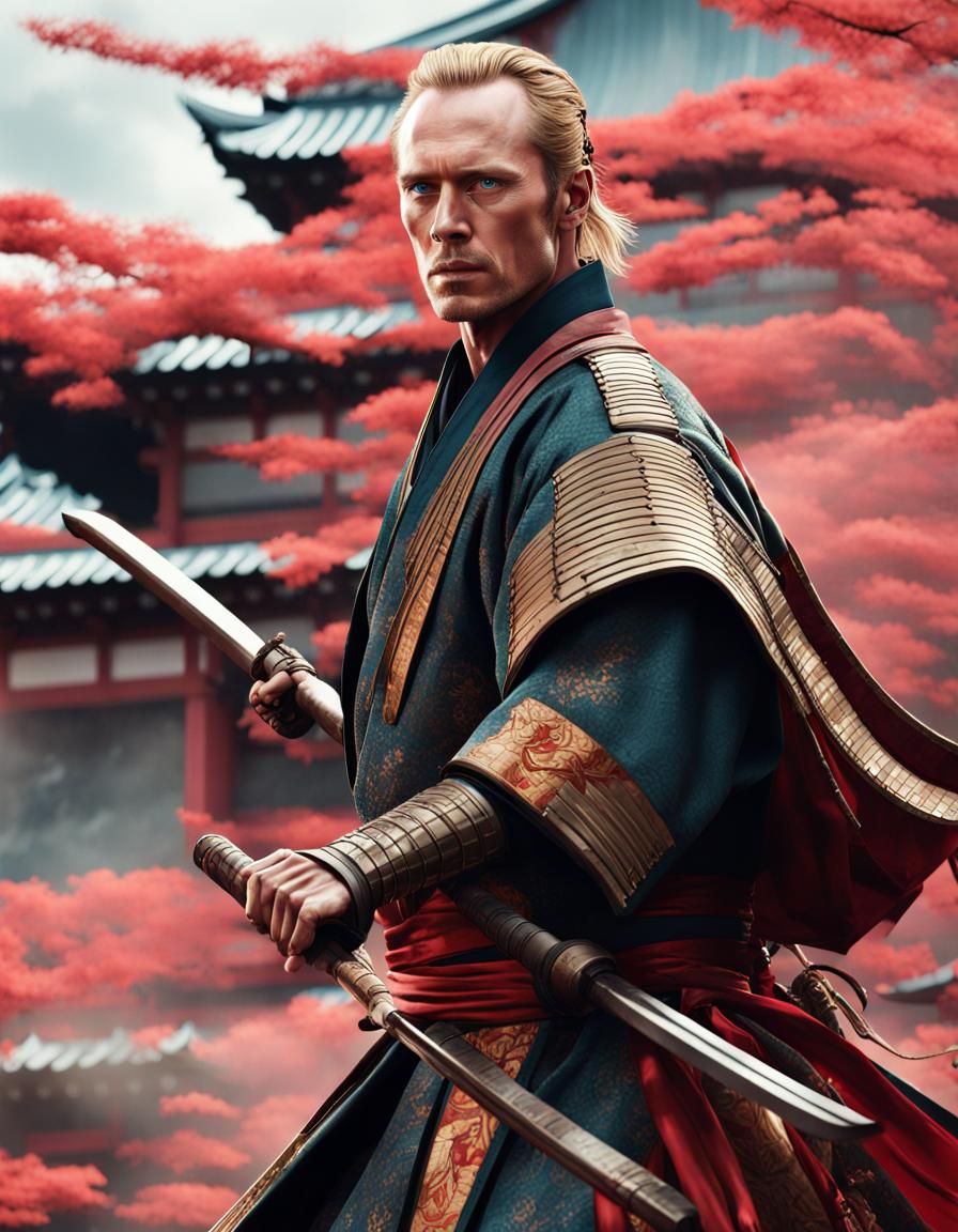 Paul Bettany, the android Vision, Vision dressed as a Medieval Japanese samurai in Japan, action scene, Marvel Studios, ...