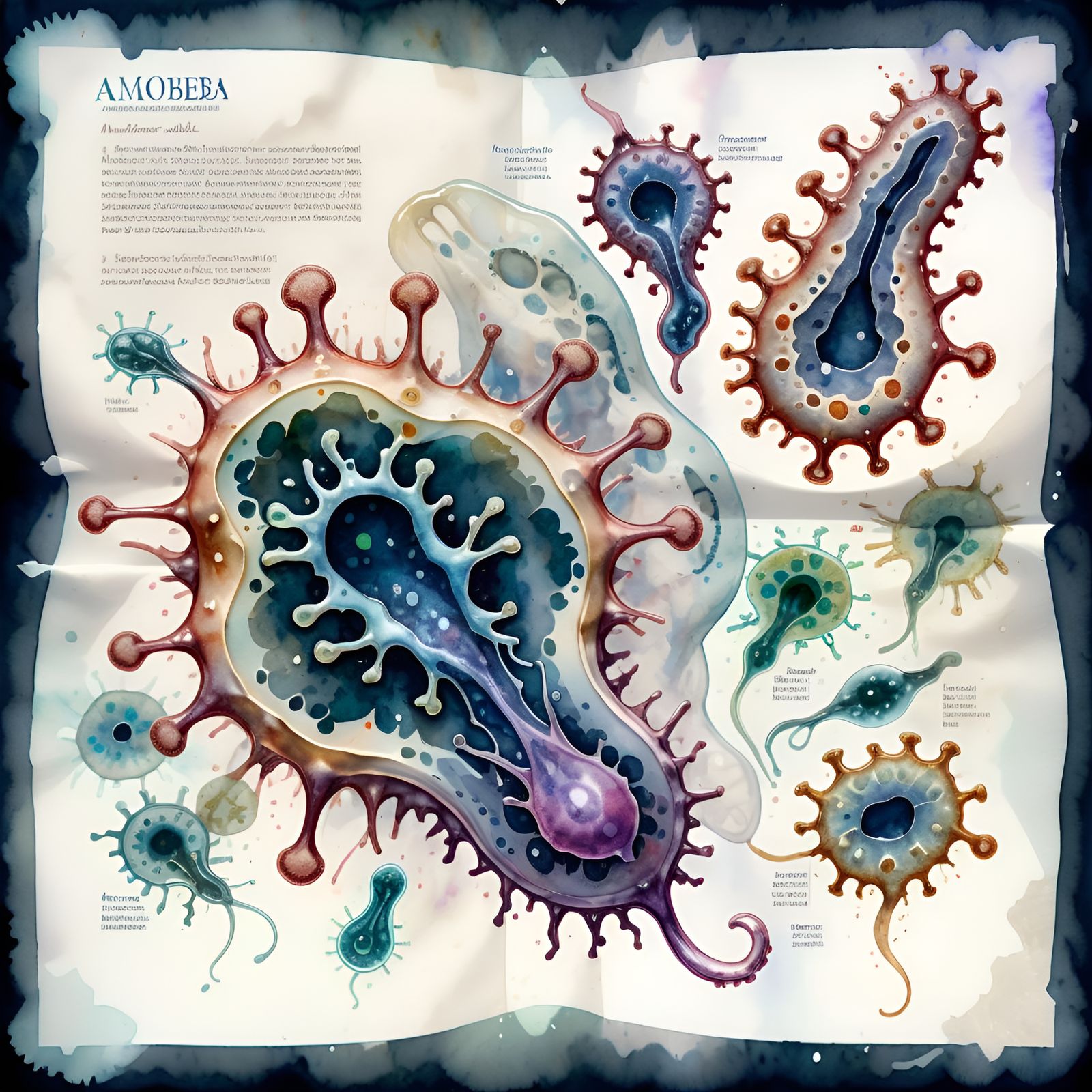 watercolor Illustration of a microbiology view of amoeba Amoeba is a genus of single-celled amoeboids ...  by @Openly Curious