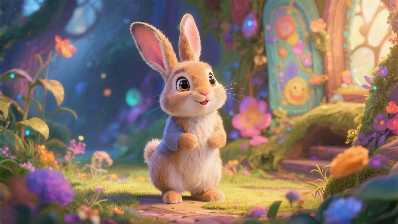 Charming, whimsical rabbit named Hop, the hero of a children's story, with soft fur, big sparkling eyes, playful and curious expression, sta...