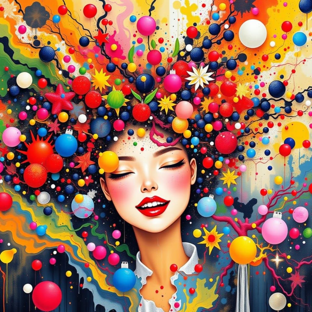 Prompt: Whimsical Nouveau portrait of a playful, surreal woman mid-laugh as her hair erupts into an ecstatic explosion of berries and vines—...