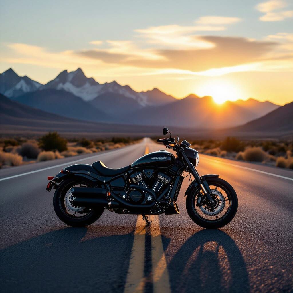 i want them 16:9 A wide-angle scenic photograph of a black modern motorcycle parked on an empty highway with mountains in the background. Cr...
