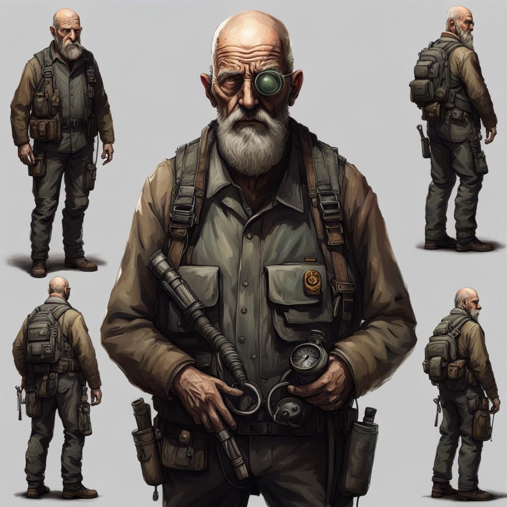 post apocalypse old man on life support, bald, crippled, haunting look ...