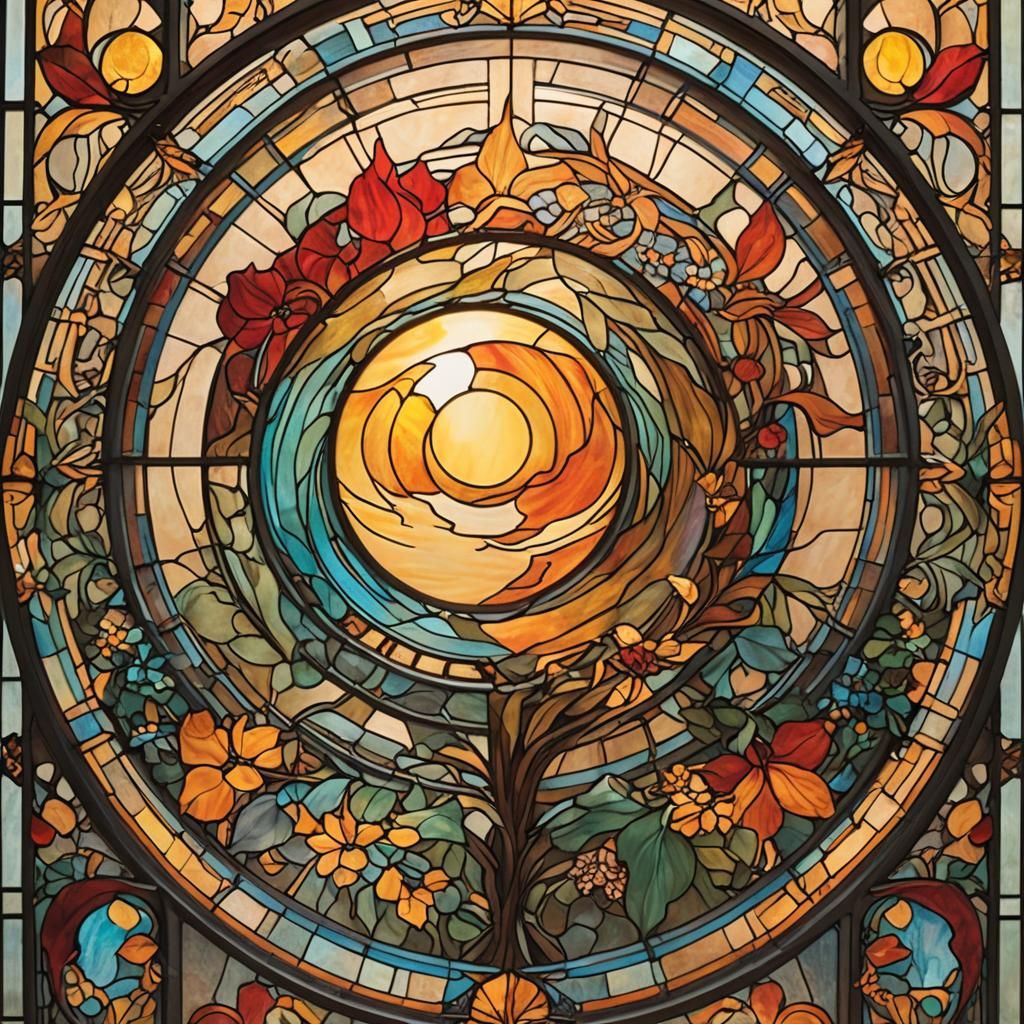 A mesmerizing stained glass masterpiece portrays a captivati...