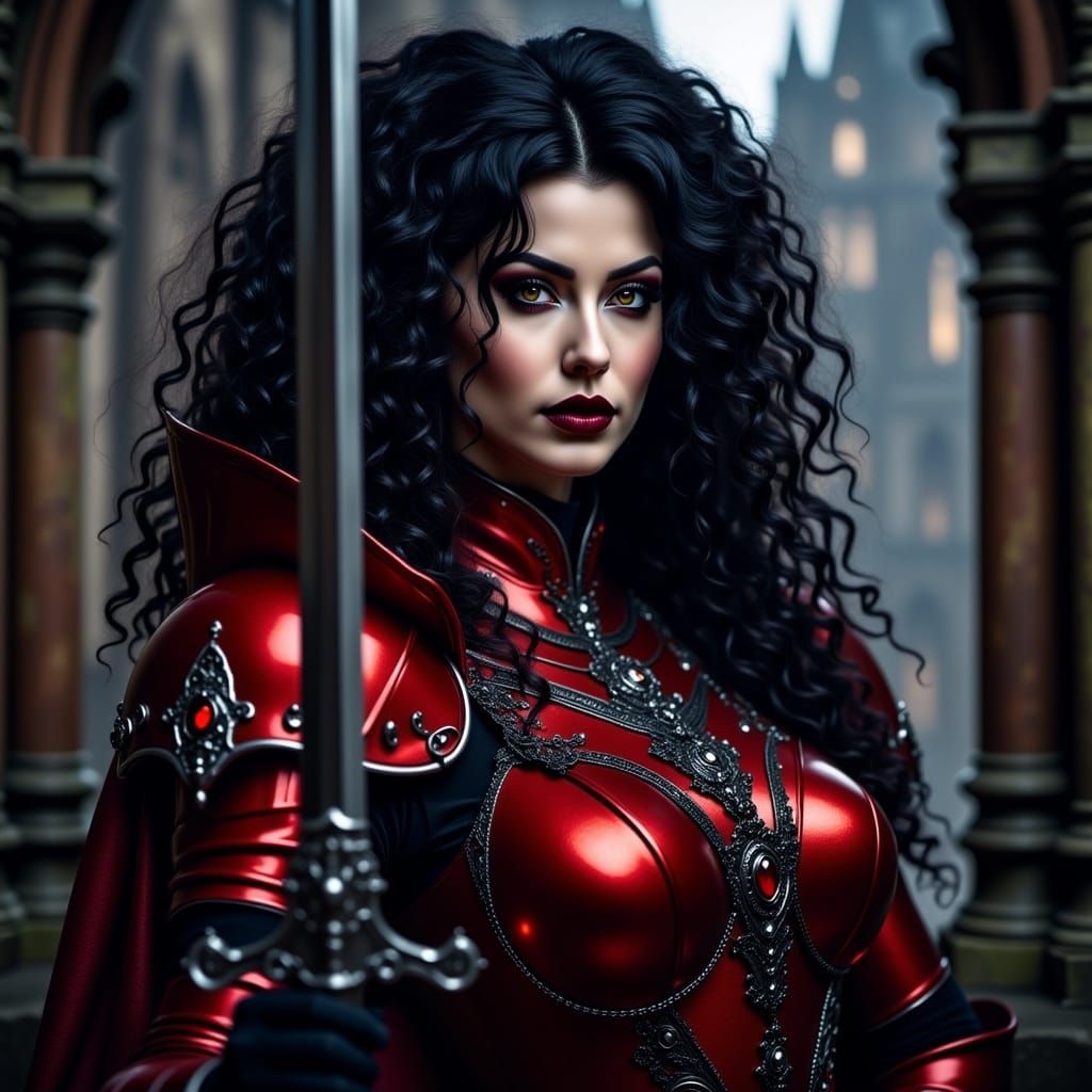 2/3 angle action pose, Majestic vampiress knight with luxuriant, curly black hair cascading down her back, piercing brown eyes, and dramatic...