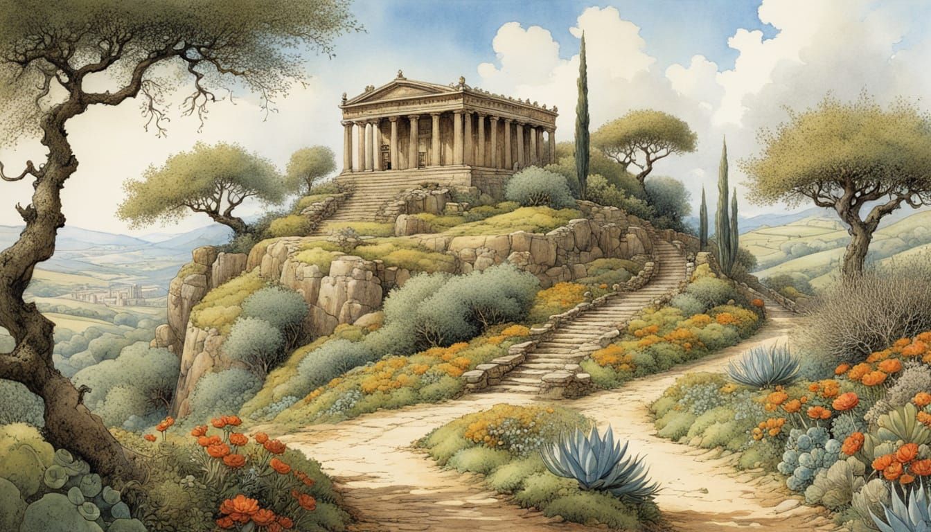 Greek Hill Landscape in Whimsical Storybook Style