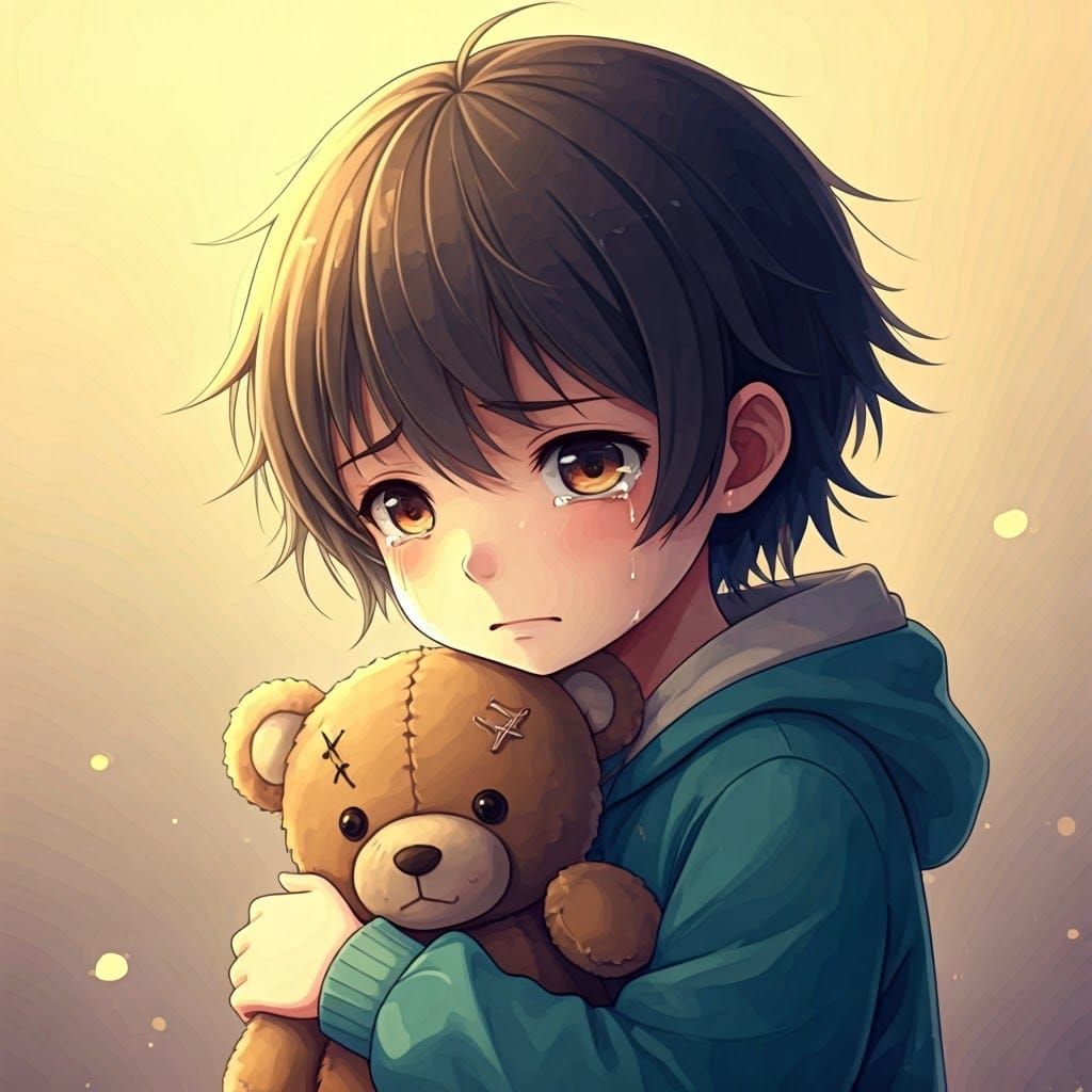 Child Crying with Teddy Bear in Soft Watercolor Background