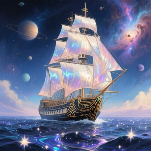 A majestic sailing ship with intricate Art Deco designs navigates through a sea of liquid starlight, with celestial bodies and nebulae visib...