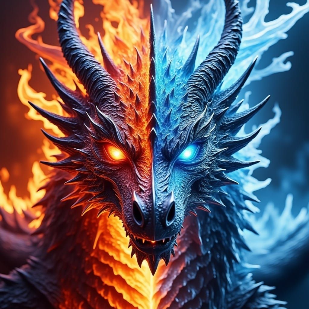 <lora:DragonV1:1.0>A close-up of a magnificent dragon with contrasting elements of fire and ice. One side of its face is enveloped in glowin...