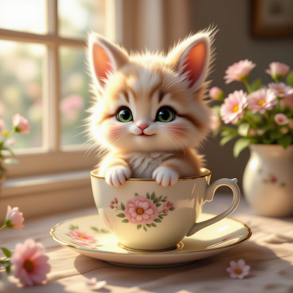 Cute Bunny-Kitten Hybrid in Teacup