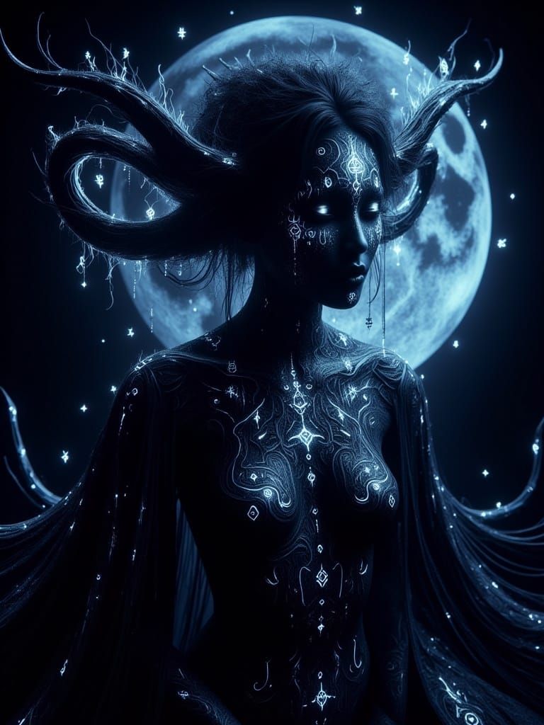 Glowing runes dark, fullbody portrait of a sitting gorgeous moon pristess, cinematic fantasy, detailed <lora:Glowing runes flux:1.0> 