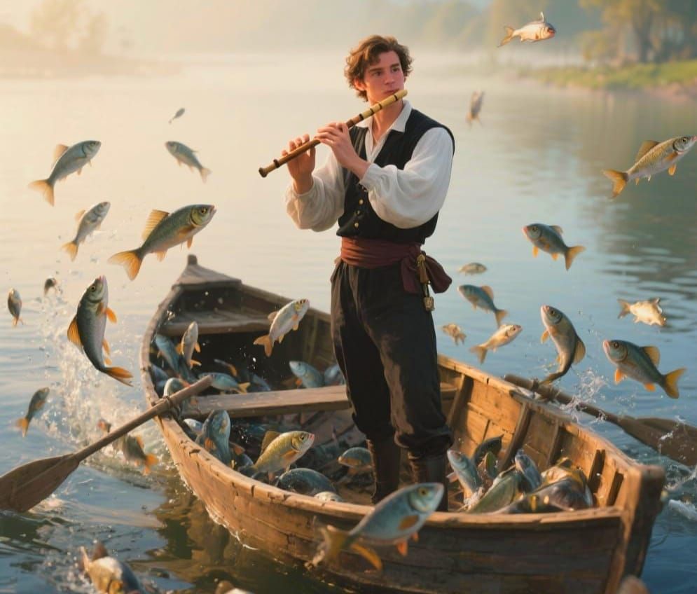 Highly creative. A photorealistic scene of a handsome pied piper playing a flute and standing in a small rowboat with many fish leaping into...