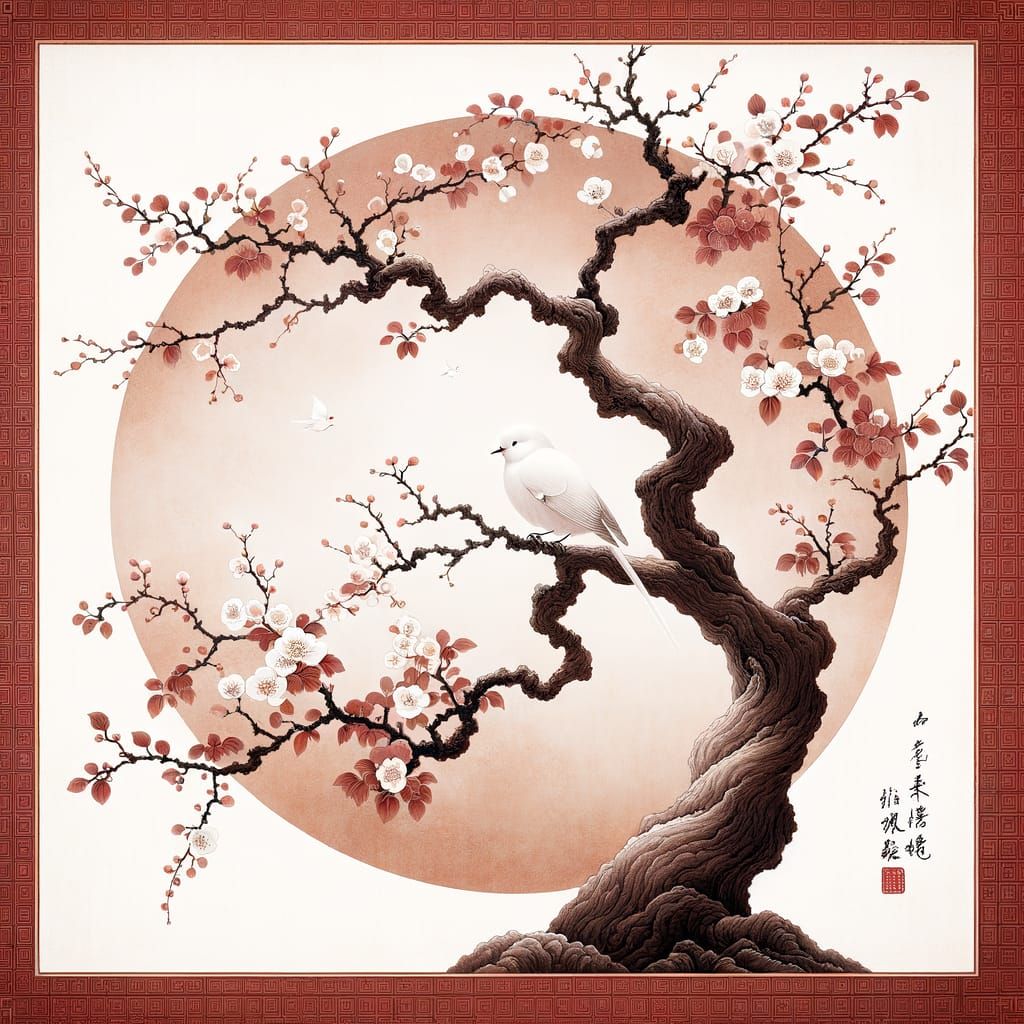 white bird perched on the branch of an old plum tree, with brown leaves and blooming flowers. ...  by @Horse-T