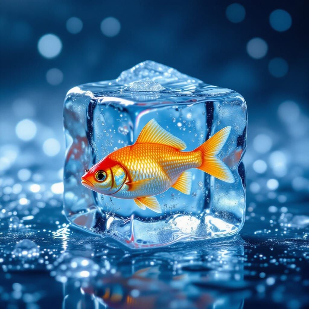 Macro Shot of Goldfish Frozen in Ice Cube