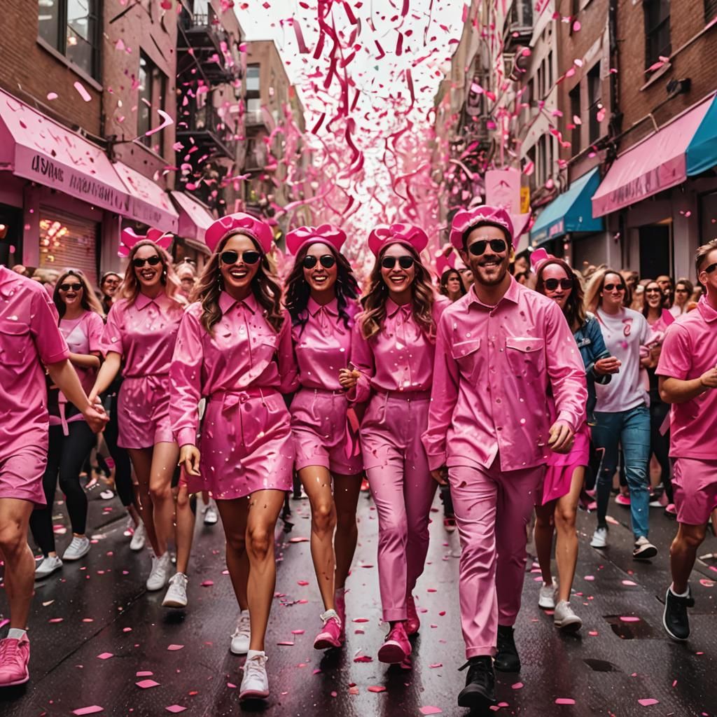 A vibrant street parade with participants in all-pink outfits. Pink confetti rains down as pink streamers fill the sky.