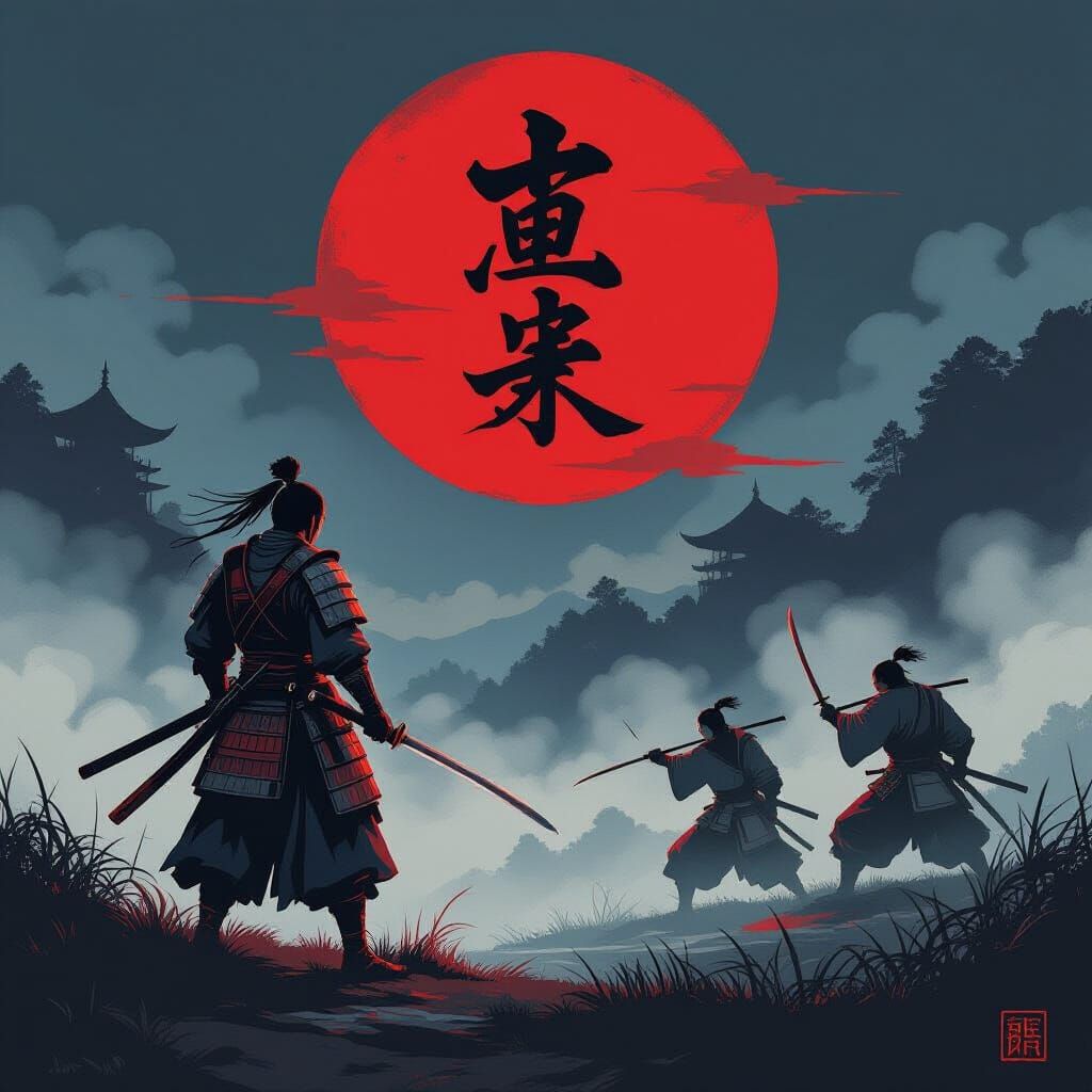 samurai facing 3 bandits with knifes add the japanese sign for moon on the moon in a read color