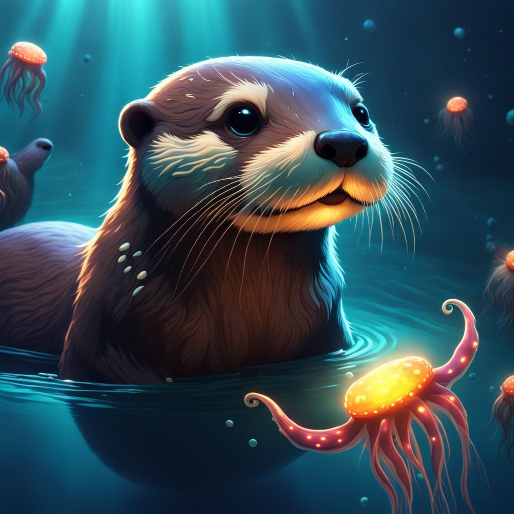 Adorable otter swimming with glowing squids in dark deep sea painted ...