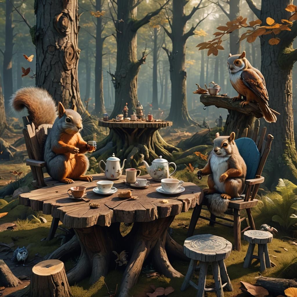 There is a stump in the forest. A squirrel and an owl are si...