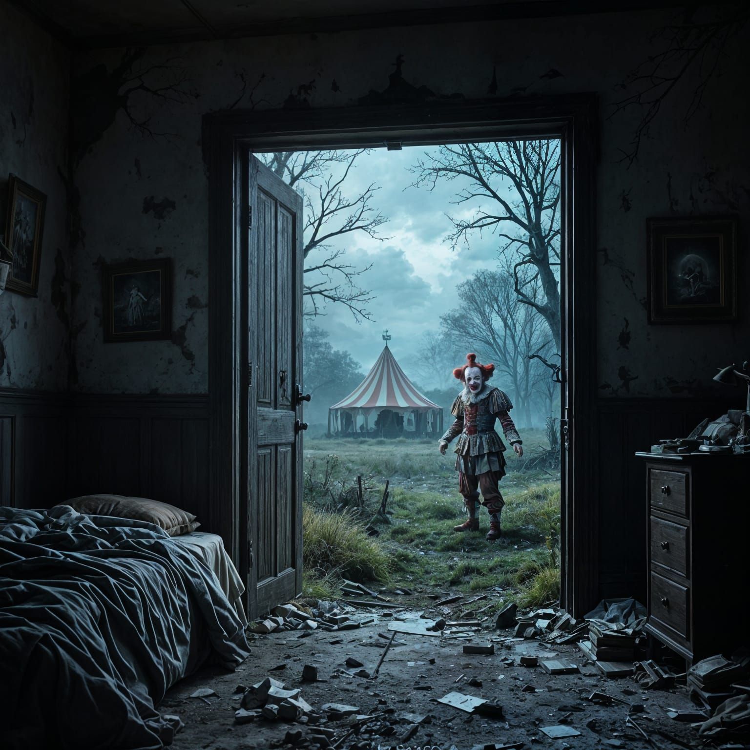 a portal into a mythical forest on the wall of my small messy bedroom desolate farmland an old circus is, the clown is all by himself lookin...
