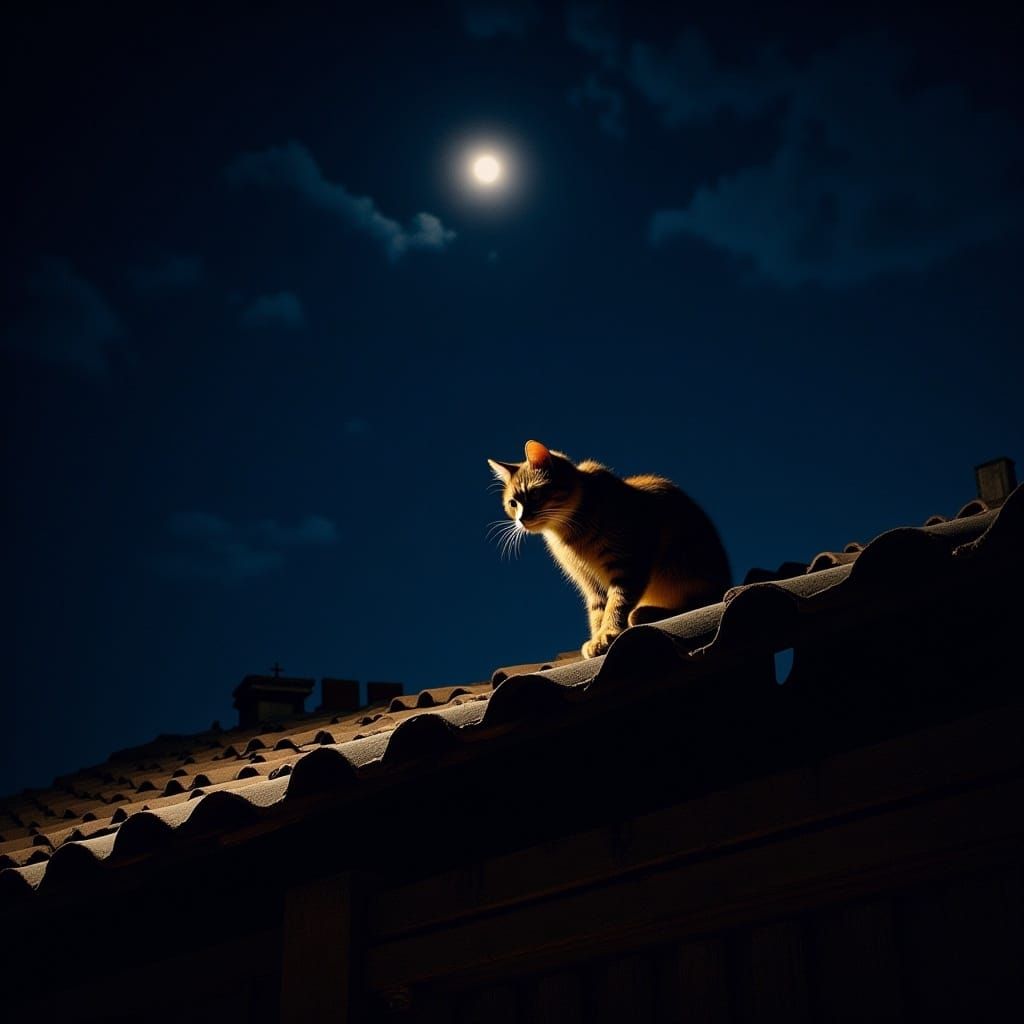 A cat on the roof at night