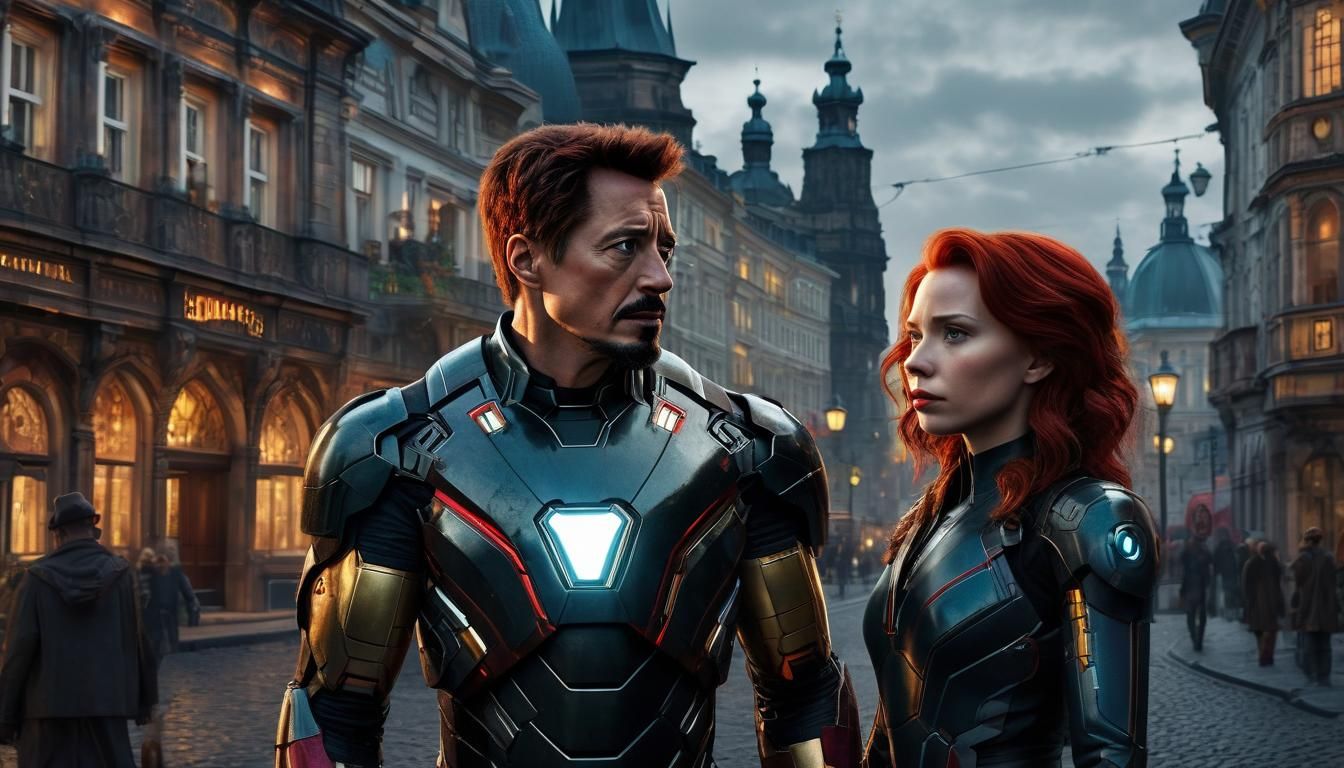 Black Widow standing with  Iron Man in a street in Prague with GRAND houses in the background 3D, Hyperrealistic, splash art, concept art, m...