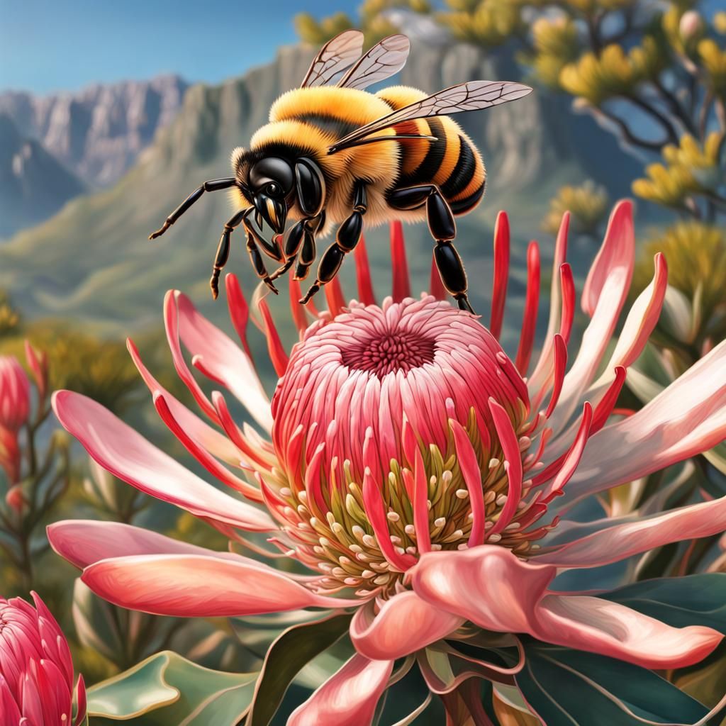 Bee pollinating a protea flower on Table Mountain   by @Sym1Ninja