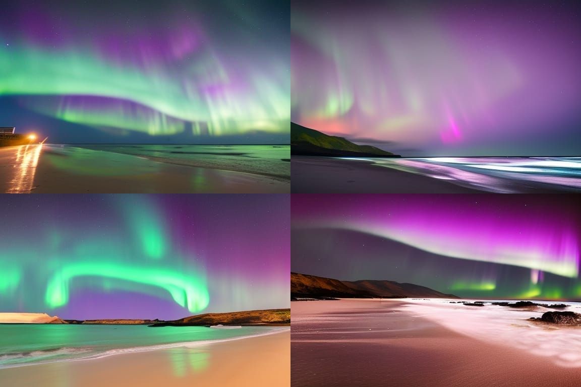 night sky with aurora borealis on beach