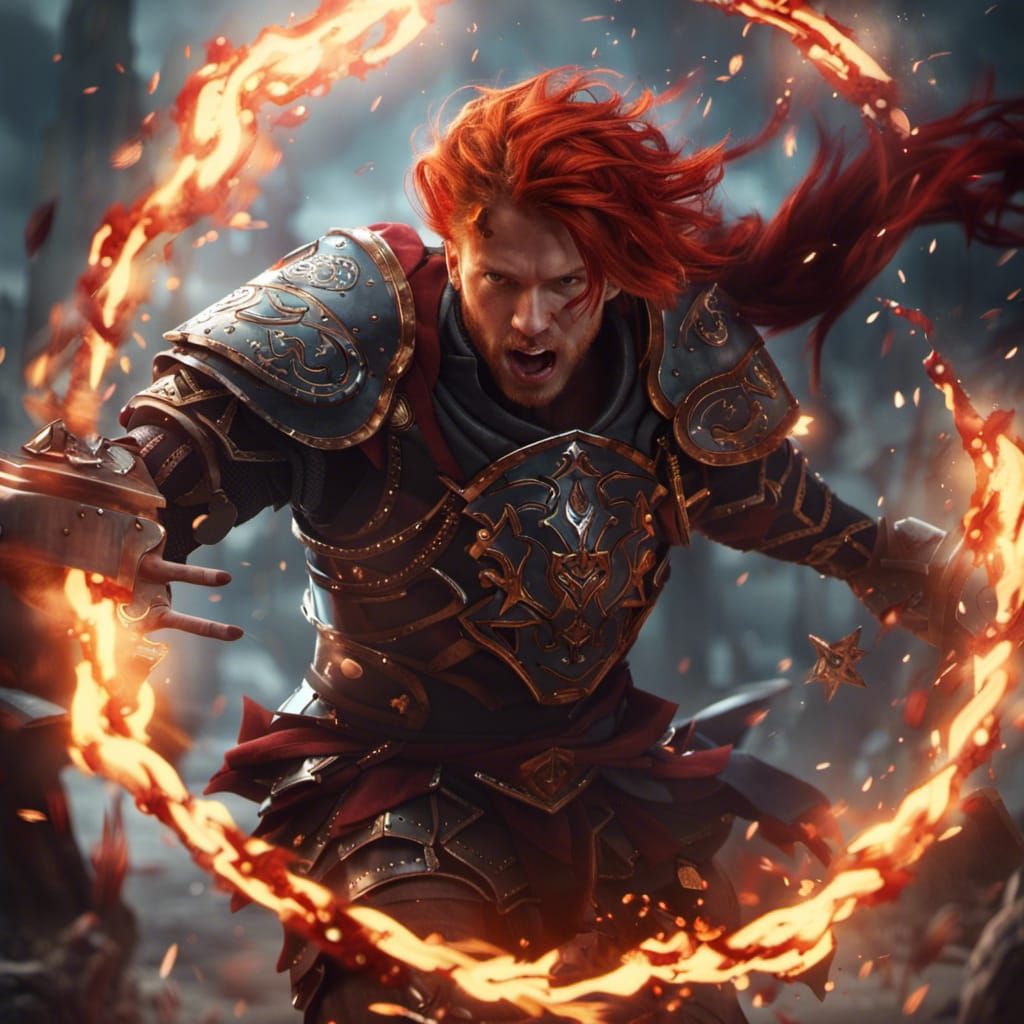 A young human fighter with red hair in a fight.