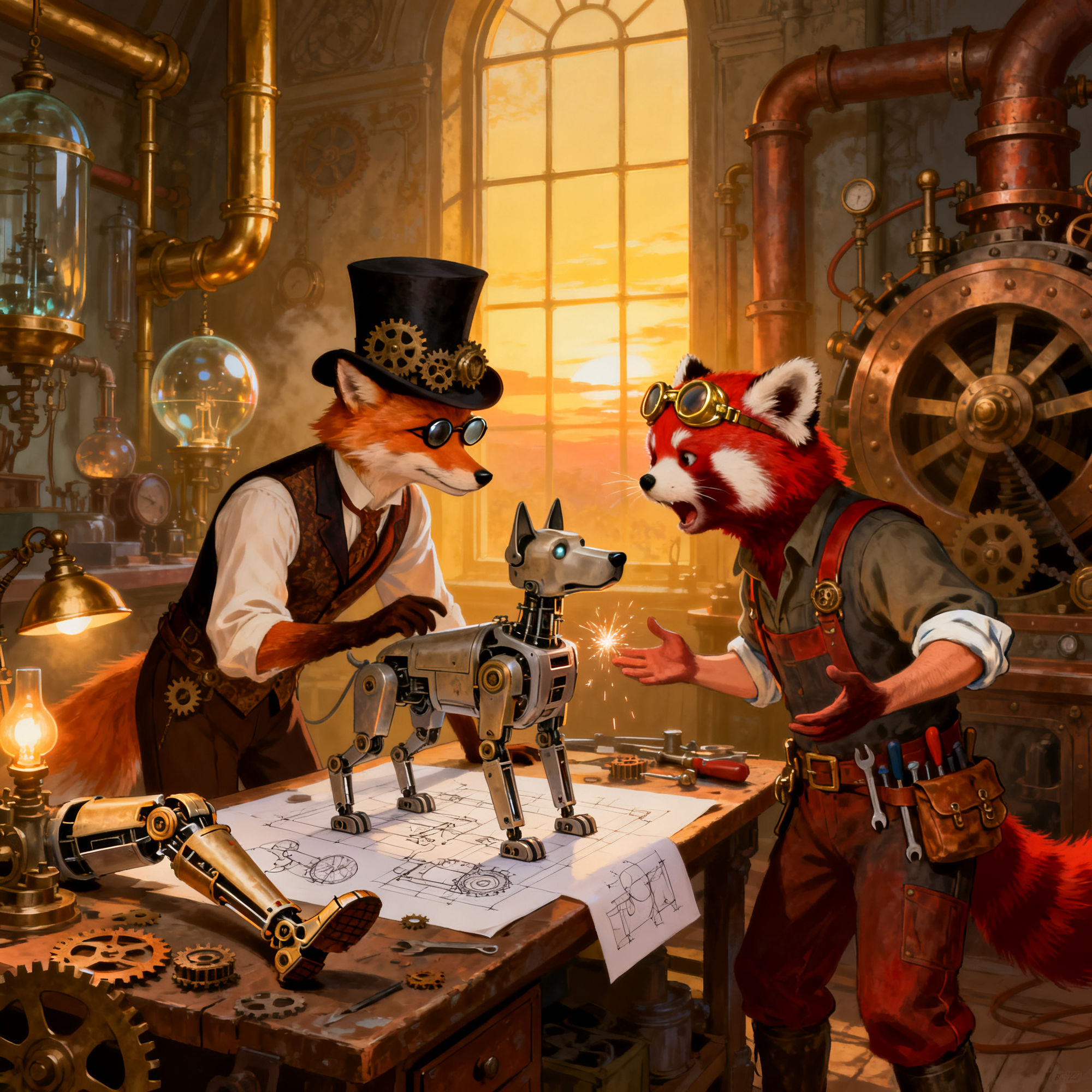 The inventor and engineer politely discuss their differences in steam robotics.