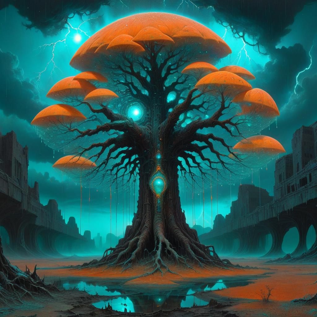 Beksiński-Inspired Galactic Oasis with Bioluminescent Tree