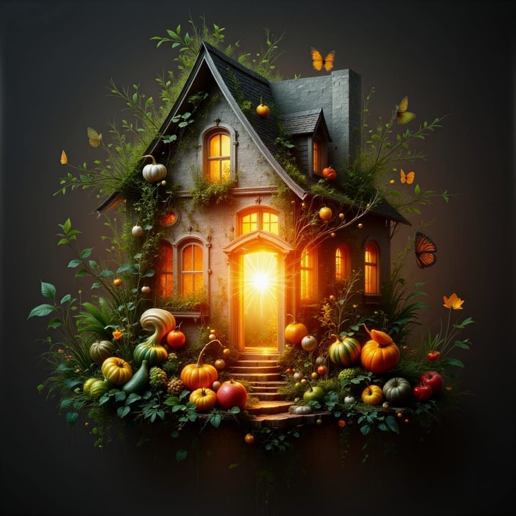 A house emerging from a double exposure, a sparkling light is visible from within, lots of fruits and vegetables around this house, hyper re...