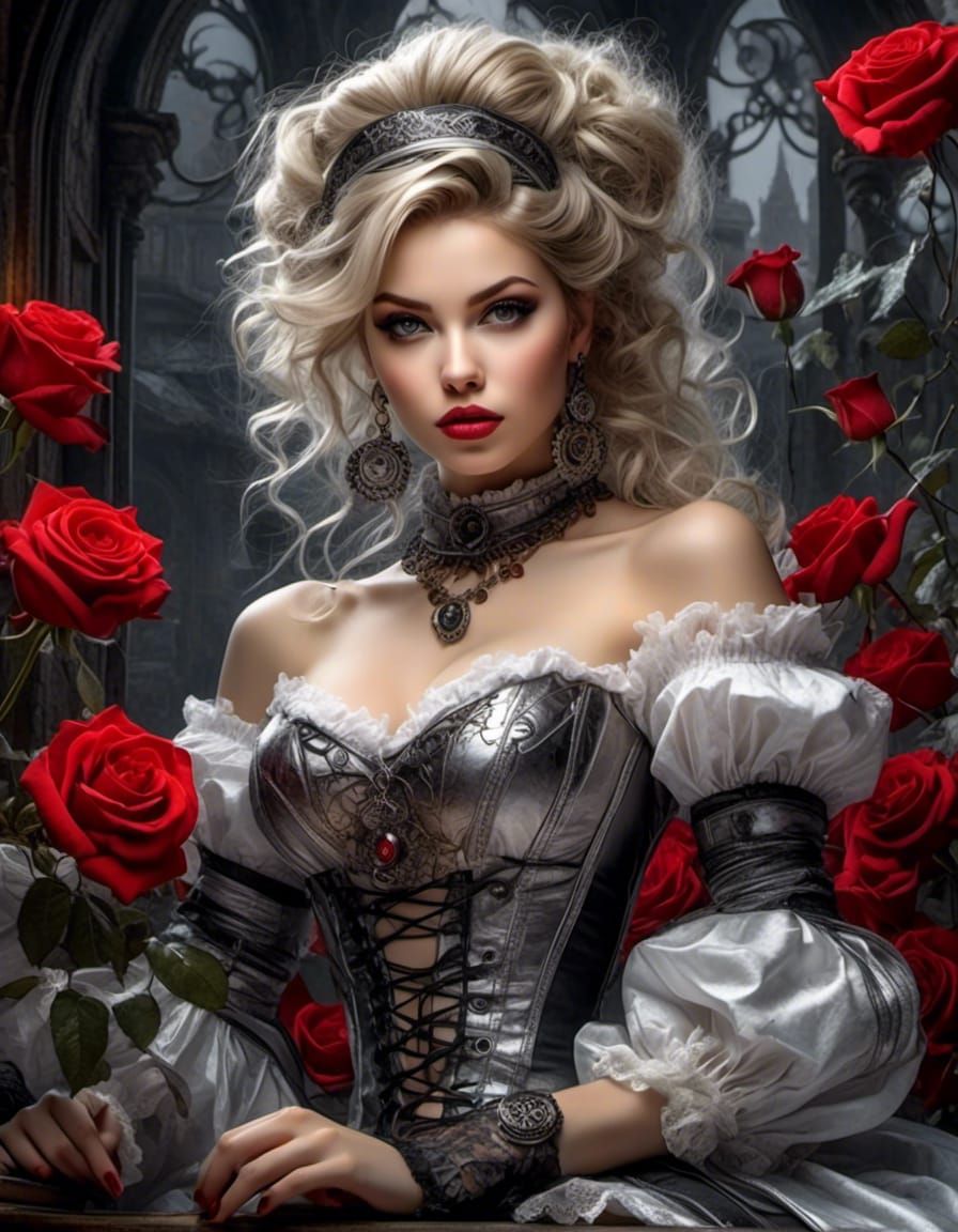 Black and White image winter black,grey, <lora:Dreamy:1.0>woman. Colour selective red rose art by and Josephine Wall Tiago Hoisel,anne stoke...