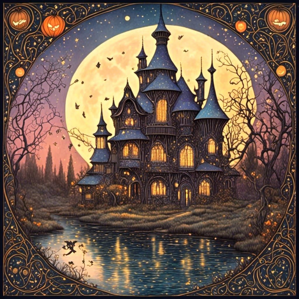 Halloween town Detailed 1800s storybook illustration <lora:1800 Storybook:1.0> on cold-press paper, Louis-Theophile Hingre, John Baur, Willi...
