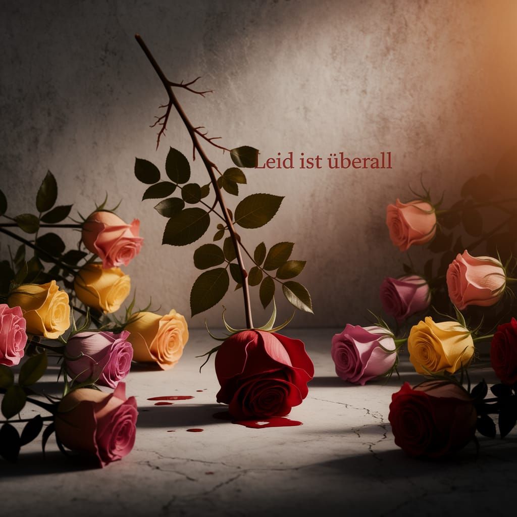 Es sind  überall Rosen in sämtlichen Farben und Varianten,  wie die Seelen der Menschen – nicht perfekt, nicht frisch. Ihre Blätter sind am ...