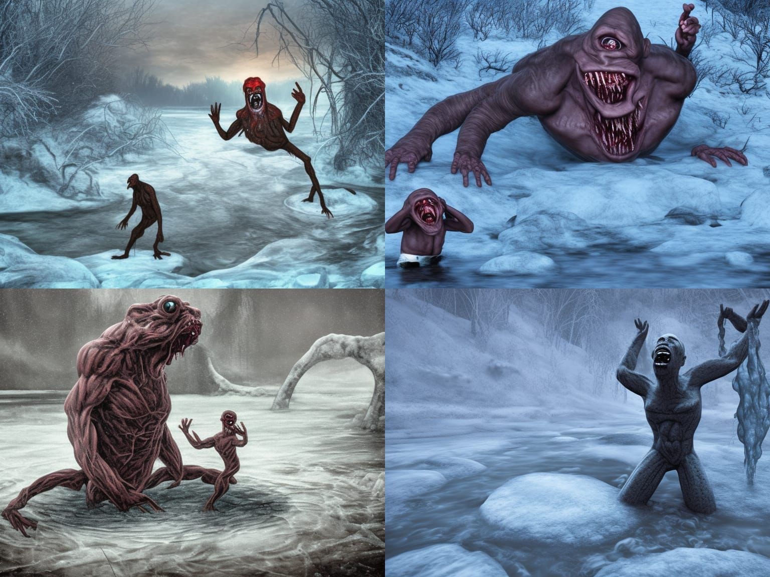 Bizarre mutant homunculus emerging from a frozen river horro...