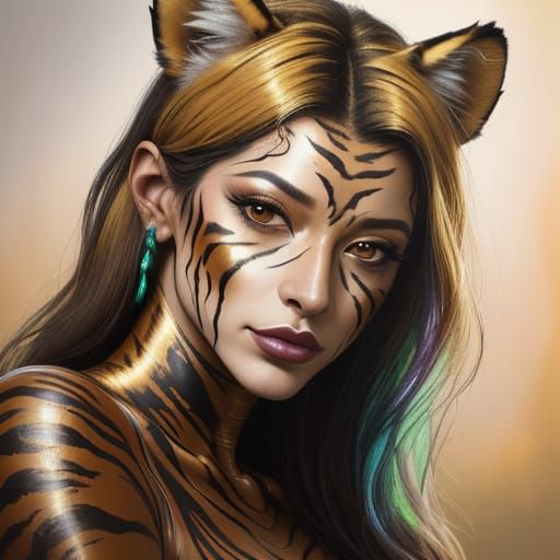 Dreamy Portrait of a Tiger-Like Woman in Soft Focus