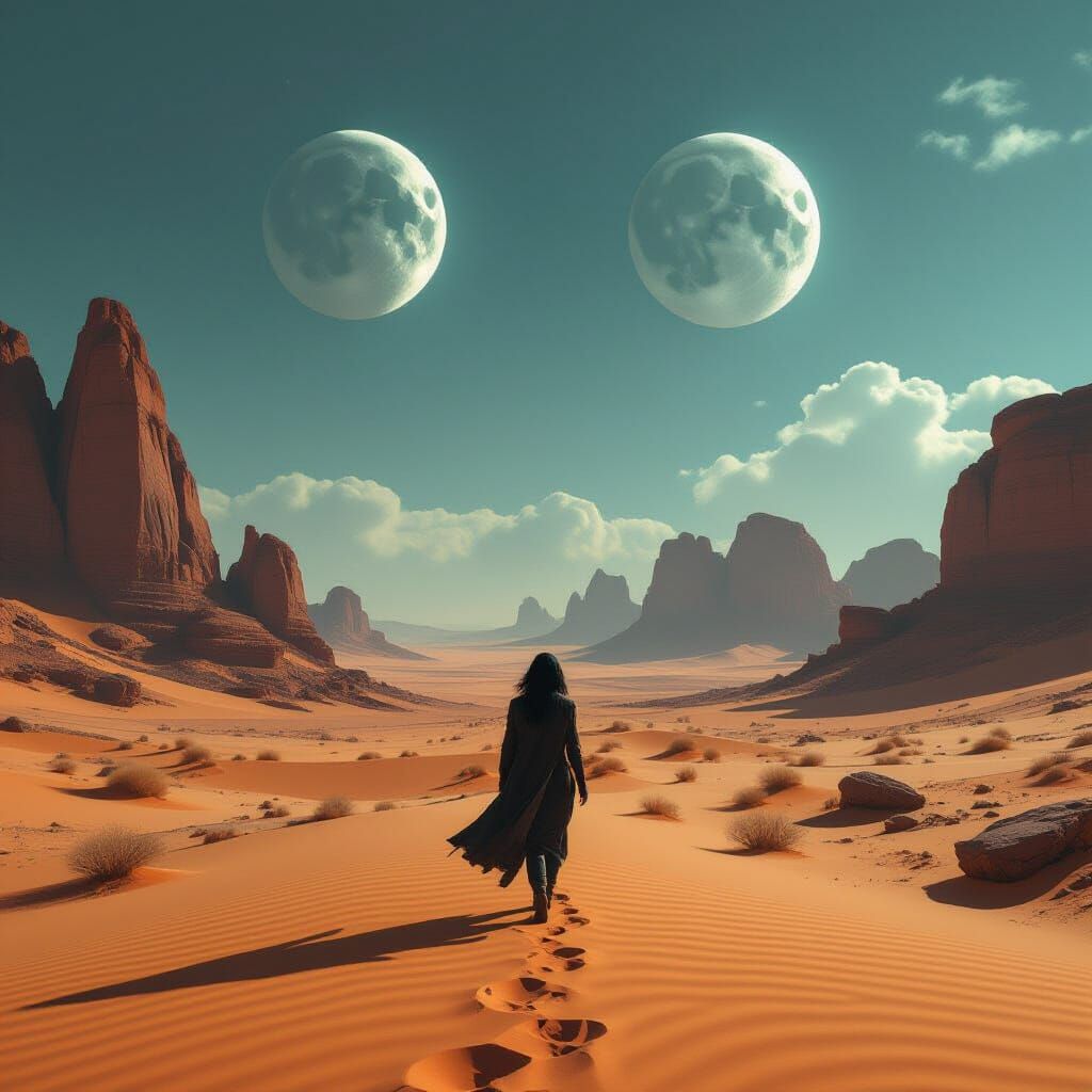 Lone Wanderer in Alien Desert Under Twin Moons