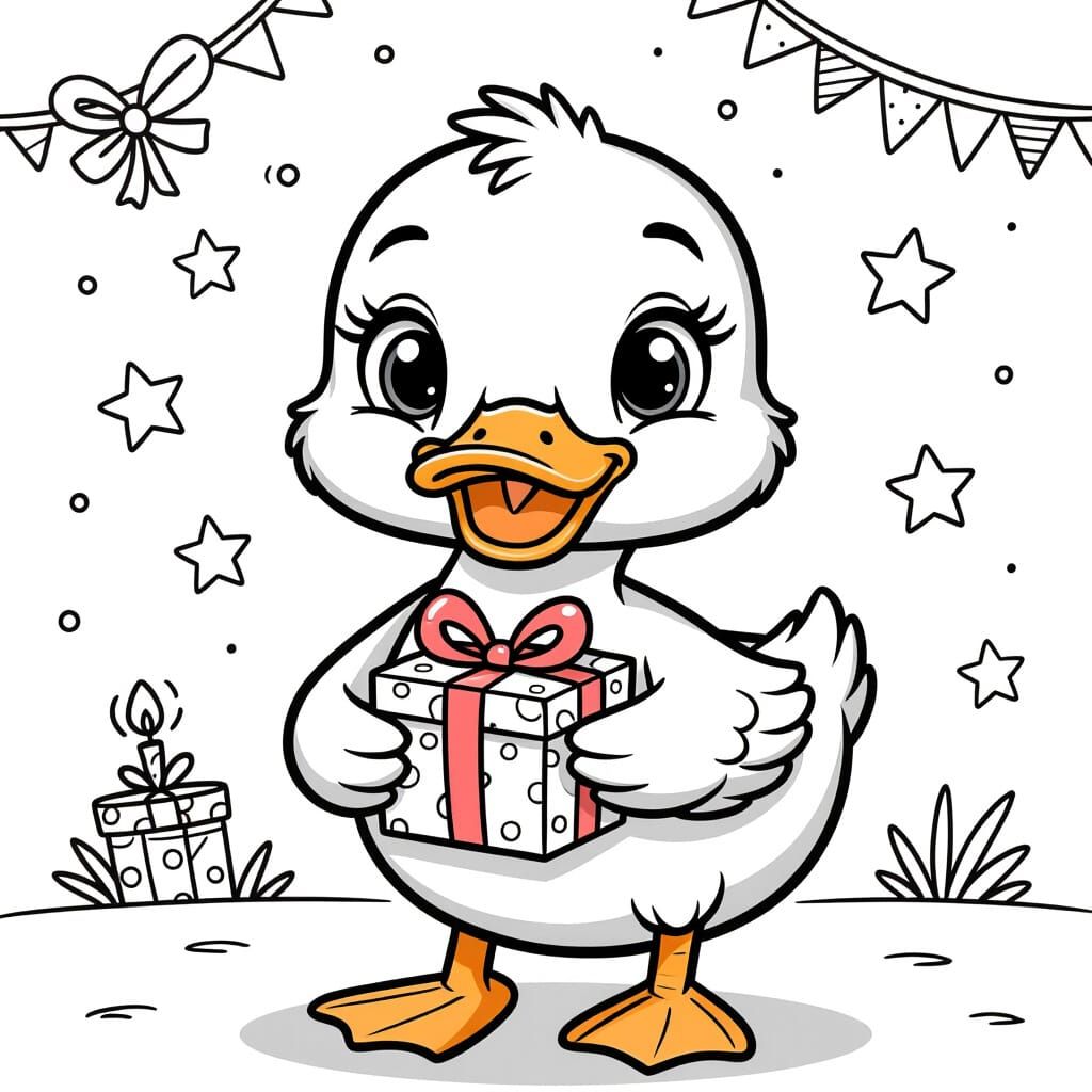 Cute Happy Duck Coloring Page With Birthday Gift