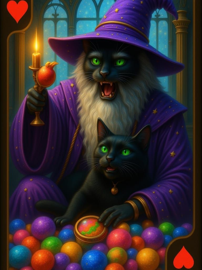 in a 7 of hearts playing card style black cat with emerald green eyes laughing mischievous as a wizard in purple robes and wizard hat with s...