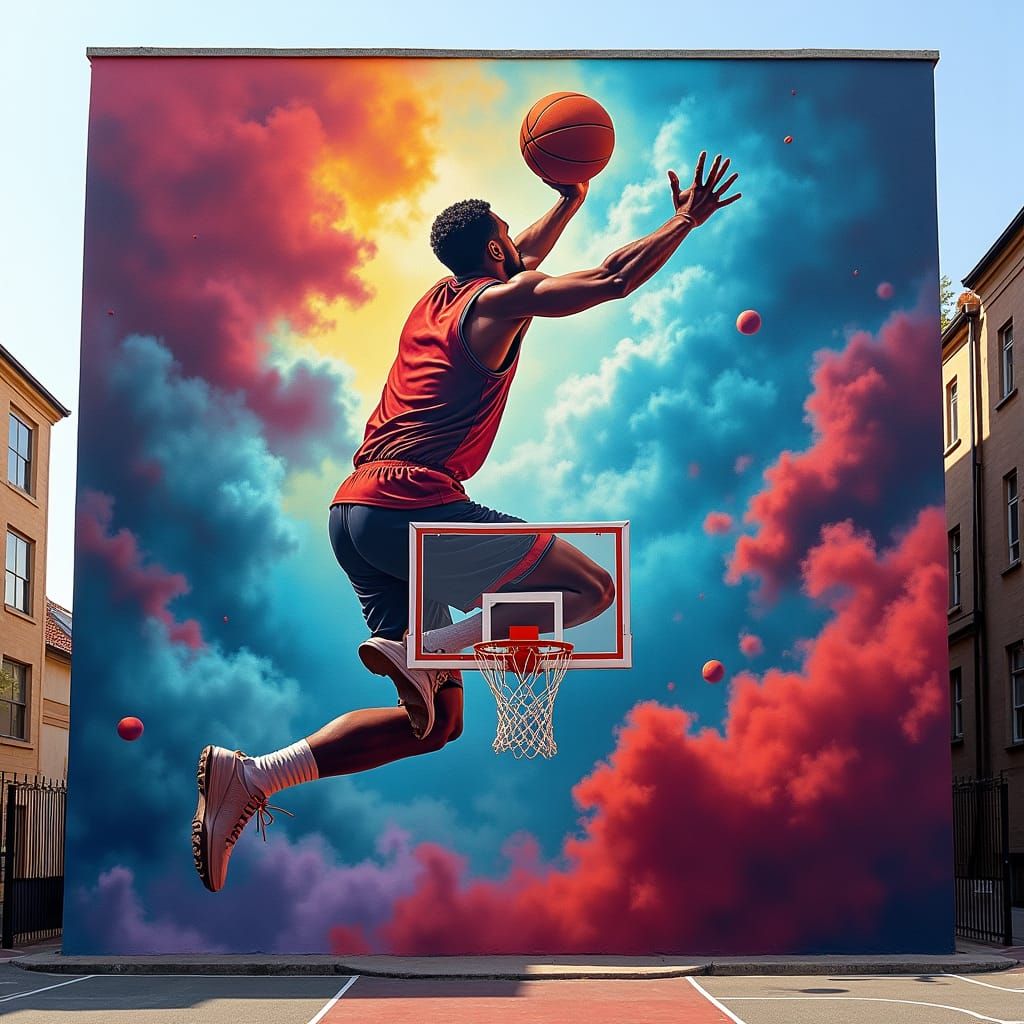 a mural on a basketball hoop of an action shot and a quote