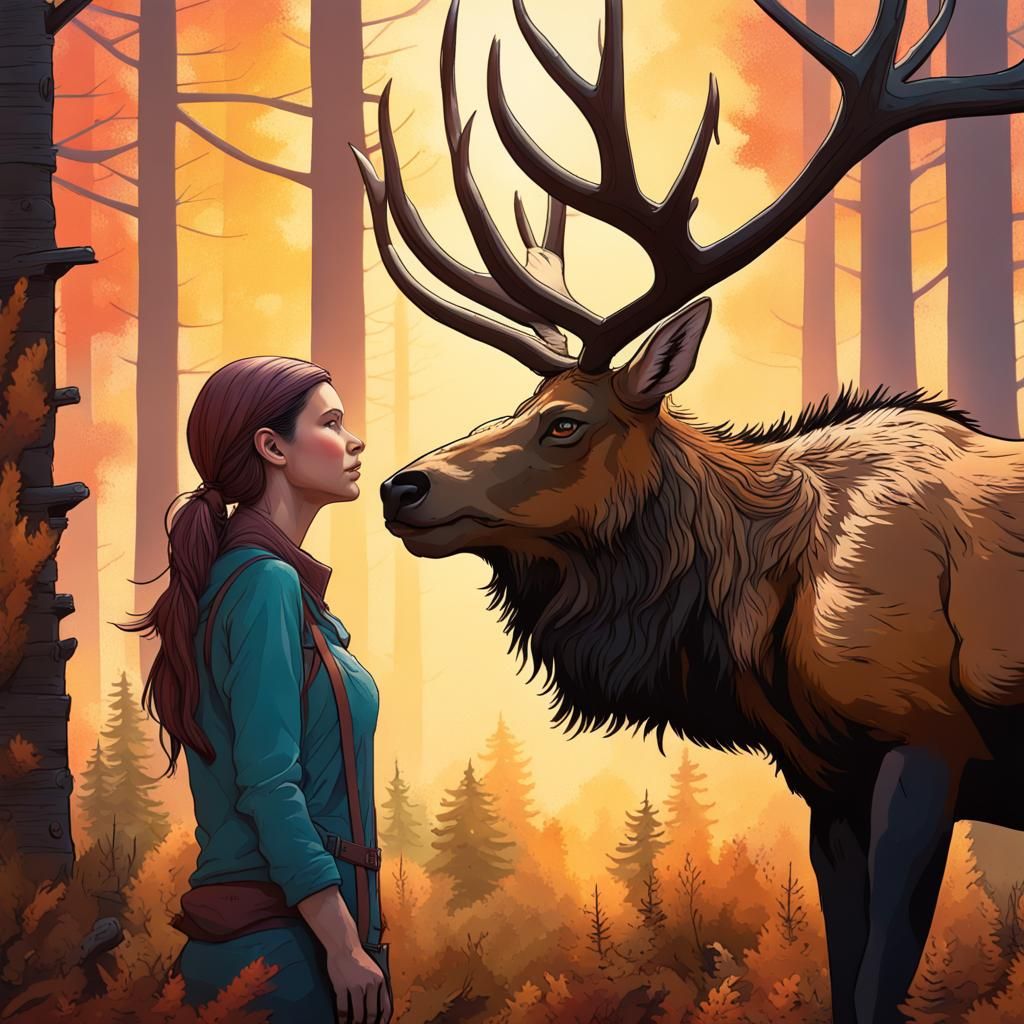 A nameless woman, lost in the forest befriends an elk with t...
