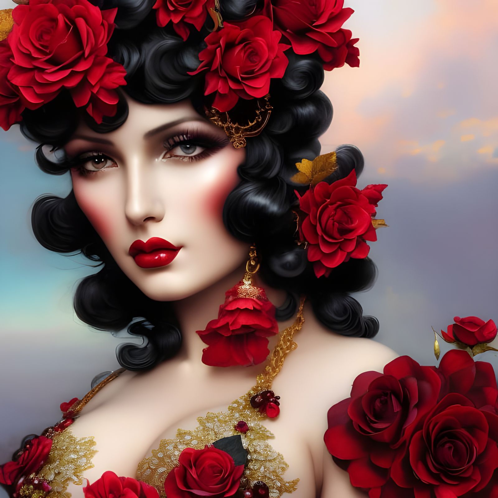 Retro Pinup with Roses - AI Generated Artwork - NightCafe Creator