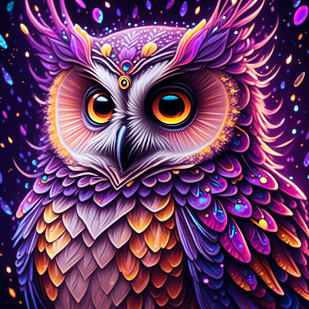 <lora:The Sparkle Game:1.0> Imagine a captivating close-up of an adorable owl, its feathers intricately detailed with beautiful neon purple...