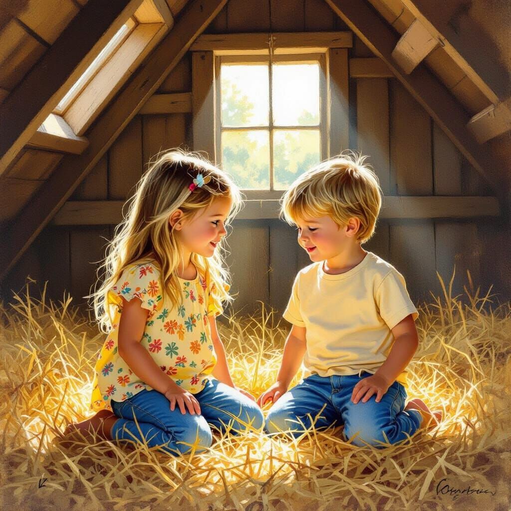 Two young children are playing in a hayloft.   (Part of My Studies in Yellow Series)  