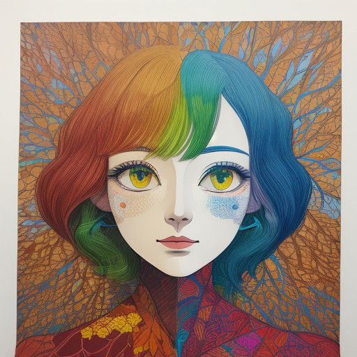 Joyful Woman Amidst Autumn Geometry in Vibrant Cel-Shaded St...