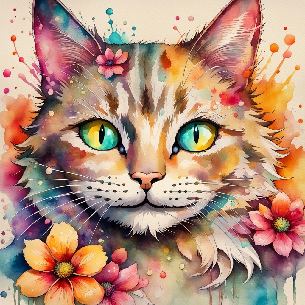 Colorful Floral Cat in Watercolor Style