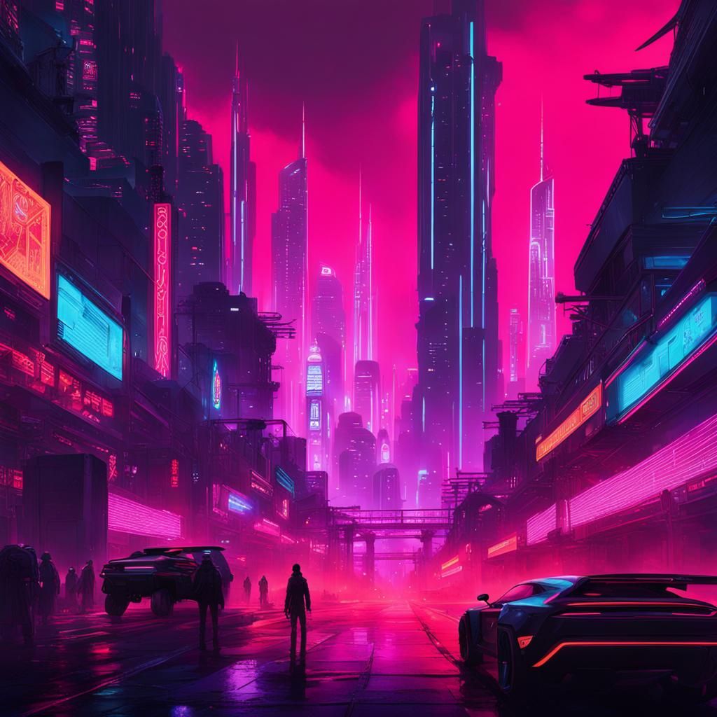 futuristic cyberpunk cityscape, with neon-lit skyscrapers, bustling ...